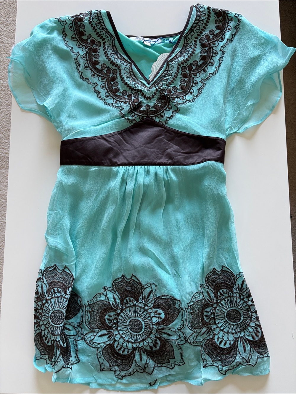 NWT 100% Silk Blue Tassel Embroidered V-Neck Flutter Sleeve Boho Top Size Small